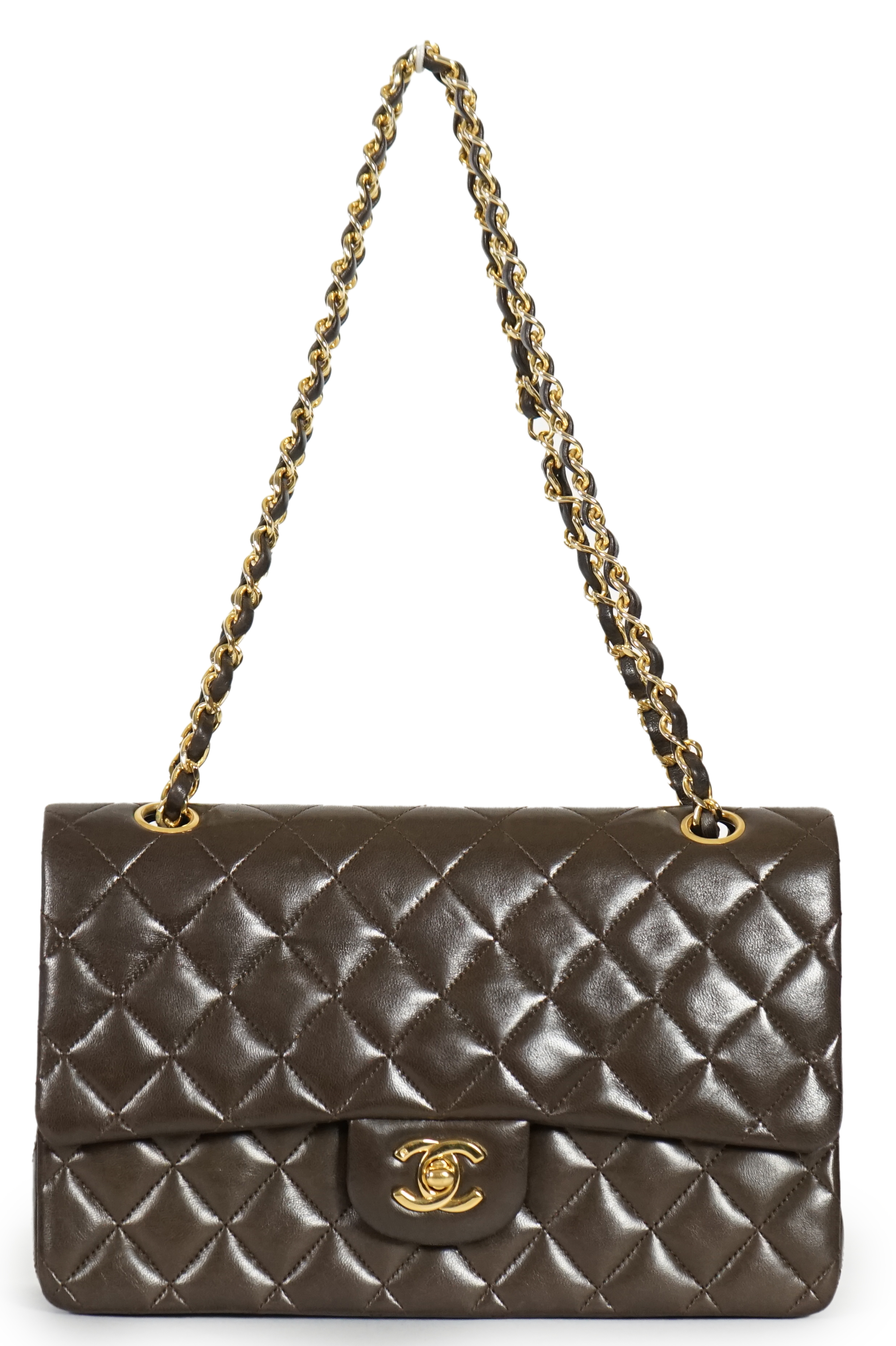 A Chanel brown quilted lambskin medium Classic Double Flap bag, width 25.5cm, height 15.5cm, depth 7cm